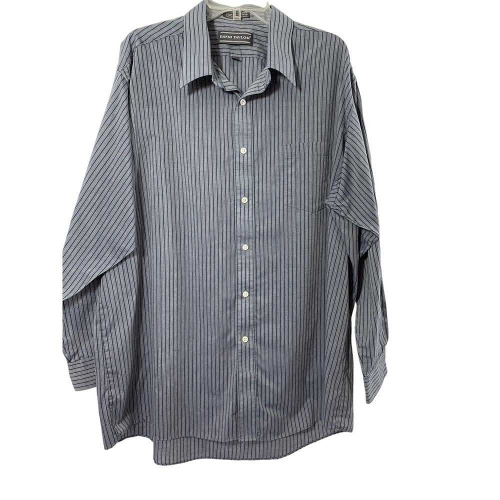 Vintage David Taylor Mens Shirt Size‎ 18.5 Navy Blue Stripe Long Sleeve